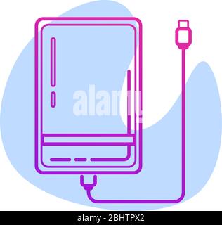 Color Line Symbol für externes Festplattenlaufwerk mit USB-Kabel auf weißem Hintergrund isoliert. Powerbank zum Aufladen von mobilen Geräten. Tragbare externe Festplatte. Vektorgrafik für Speicherlaufwerk. Stock Vektor