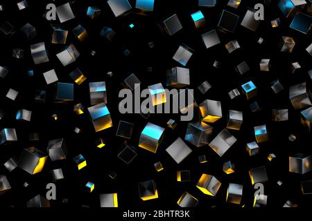 Abstrakter Hintergrund mit fliegenden Metallkisten auf schwarzem Hintergrund. 3d-Illustration Stockfoto
