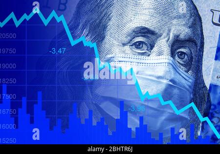 COVID-19 Auswirkungen auf das Geschäft, das Dollargeld und die Grafik des Börsencrashs während der Coronavirus-Pandemie. Die Weltwirtschaft trifft auf ein neuartiges Corona-Virus. Glob Stockfoto