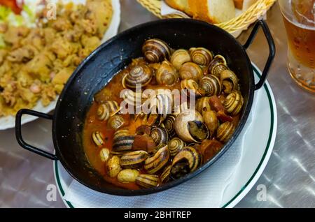 Beliebte spanische Tapas - Hausschnecken (Karakolen) mit Chorizo-Würstchen in Sauce Stockfoto