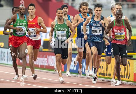 DOHA - KATAR OCT 4: Ayanlehe Souleiman (DJI), Taoufik Makhloufi (ALG) Alexis Miellet (FRA) und Timothy Cheruiyot (KEN) im 1500 m Halbfina Stockfoto