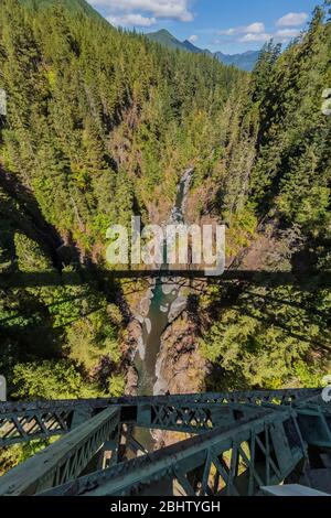 Blick hinunter auf den South Fork Skokomish River von der High Steel Bridge, die ursprünglich für den Holzbau von Zügen gebaut wurde, im Olympic National Forest, Washington State, USA Stockfoto