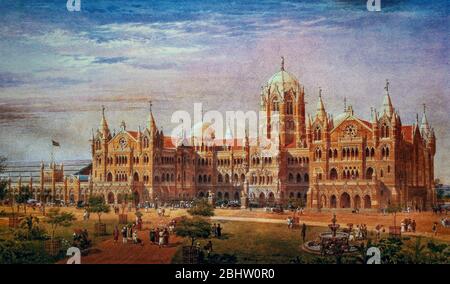 Die Victoria Terminus Station aus dem 19. Jahrhundert in Bombay, heute Chhatrapati Shivaji Terminus in Mumbai, Indien. Der kunstvolle gotische Bahnhof wurde von F.W. entworfen Stevens und gebaut zwischen 1878 und 1887. (Interpret Unbekannt) Stockfoto