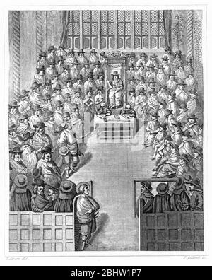 Gravur des Unterhauses, das 1656 sitzt. Das zweite Protektorat-Parlament in England saß vom 17. September 1656 bis zum 4. Februar 1658 für zwei Sitzungen mit Thomas Widdrington als Sprecher des Unterhauses. Das Parlament wurde widerwillig vom Lord Protector Oliver Cromwell auf Rat der Major-Generäle vorgeladen, die das Land als Regionen unter Militärgouverneuren regieren. (Wikipedia) Stockfoto