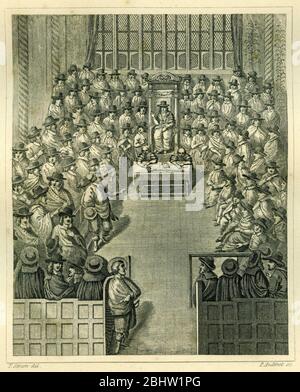 Gravur des Unterhauses, das 1656 sitzt. Das zweite Protektorat-Parlament in England saß vom 17. September 1656 bis zum 4. Februar 1658 für zwei Sitzungen mit Thomas Widdrington als Sprecher des Unterhauses. Das Parlament wurde widerwillig vom Lord Protector Oliver Cromwell auf Rat der Major-Generäle vorgeladen, die das Land als Regionen unter Militärgouverneuren regieren. (Wikipedia) Stockfoto