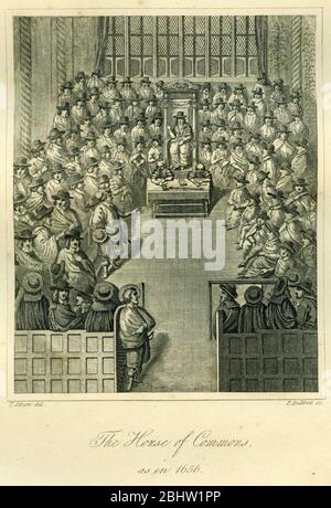 Gravur des Unterhauses, das 1656 sitzt. Das zweite Protektorat-Parlament in England saß vom 17. September 1656 bis zum 4. Februar 1658 für zwei Sitzungen mit Thomas Widdrington als Sprecher des Unterhauses. Das Parlament wurde widerwillig vom Lord Protector Oliver Cromwell auf Rat der Major-Generäle vorgeladen, die das Land als Regionen unter Militärgouverneuren regieren. (Wikipedia) Stockfoto