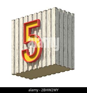 Vintage Beton rot gelb Nummer 5 3D Render Illustration isoliert auf weißem Hintergrund Stockfoto