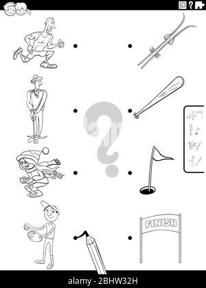 Schwarz-Weiß Cartoon Illustration von pädagogischen Matching-Spiel für Kinder mit Menschen Sport üben und Verwandte Objekte Malbuch Seite Stock Vektor
