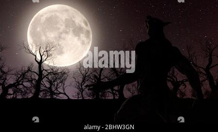 Illustration eines Werwolf während des Vollmondes im gruseligen Wald - 3d-Rendering Stockfoto