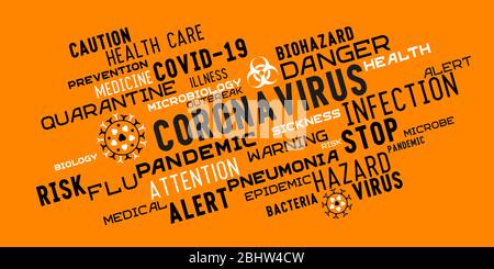 Coronavirus Wort Tag Wolke Schriftzug Typografie mit Coronavirus stilisierte Symbole auf einem orangefarbenen Hintergrund. Worte zum Thema der Bekämpfung von Viren Stock Vektor