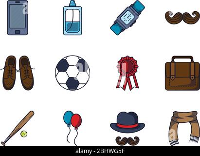 Fußball und Happy Vatertag Symbol über weißem Hintergrund, Linie und Füllung Stil, Vektor-Illustration gesetzt Stock Vektor