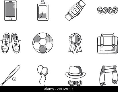 Fußball und Happy Vatertag Symbol über weißem Hintergrund, Linienstil, Vektor-Illustration gesetzt Stock Vektor