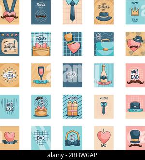 Icon Set von Happy Vaters Tageskarten mit Herzen auf weißem Hintergrund, buntes Design, Vektor-Illustration Stock Vektor