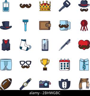 Uhr und Happy Vatertag Symbol über weißem Hintergrund, Linie und Füllung Stil, Vektor-Illustration gesetzt Stock Vektor