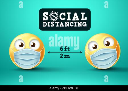 Social Distancing Smiley Emoji Vektor-Zeichen. Emoji oder Emoticon mit Gesichtsmaske in der öffentlichen sozialen Distanzierung für Covid-19 Präventivmaßnahme. Stock Vektor