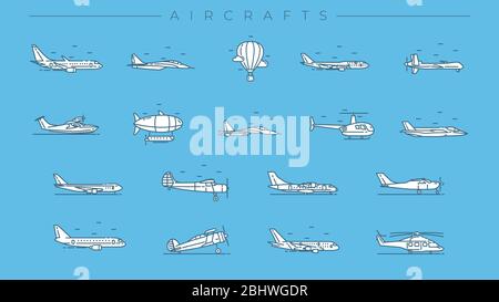 Flugzeuge Konzept Linie Stil Vektor-Symbole gesetzt. Stock Vektor