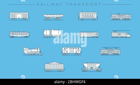 Eisenbahn Transport Konzept Linienstil Vektor-Symbole gesetzt. Stock Vektor