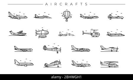 Flugzeuge Konzept Linie Stil Vektor-Symbole gesetzt. Stock Vektor