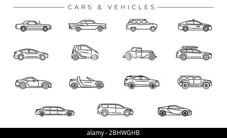 Autos und Fahrzeuge Konzept Linie Stil Vektor-Symbole gesetzt. Stock Vektor