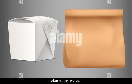 Mock-up-Illustration von Box und Tragetasche auf abstraktem Hintergrund Stock Vektor