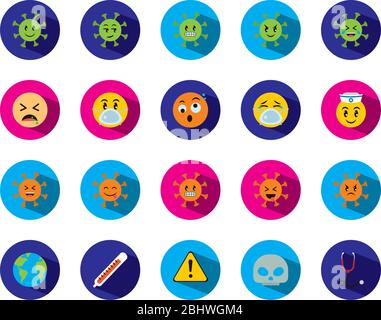 Warnzeichen und Emojis Coronavirus Symbol auf weißem Hintergrund, Linienstil, Vektor-Illustration gesetzt Stock Vektor