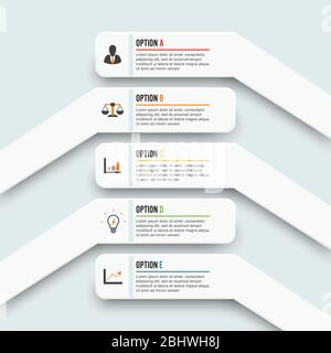 Vektor-Infografik-Vorlage mit 3D-Papieretikett, integrierte Kreise. Geschäftskonzept mit 5 Optionen. Für Inhalt, Diagramm, Flussdiagramm, Schritte, Teile. Stock Vektor
