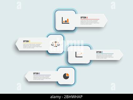 Vektor-Infografik-Vorlage mit 3D-Papieretikett, integrierte Kreise. Geschäftskonzept mit 4 Optionen. Für Inhalt, Diagramm, Flussdiagramm, Schritte, Teile. Stock Vektor