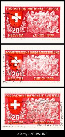 SEATTLE WASHINGTON - 27. April 2020: Briefmarken mit Schweizer Familie im Freien, herausgegeben in französischer, deutscher und italienischer Sprache. Scott # 248, 251, 254 Stockfoto