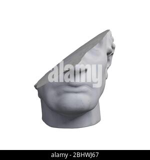 Fragment von kolossalen Kopf Skulptur des klassischen Stils in monochromatischen Grautönen isoliert auf weißem Hintergrund. 3D-Rendering-Illustration. Stockfoto