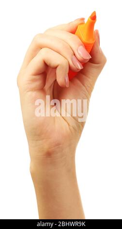 Weibliche Hand mit Marker isoliert auf weiß Stockfoto