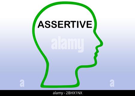 3D-Darstellung der Kopf-Silhouette, mit SELBSTBEWUSSTEM Titel, isoliert über blauem Farbverlauf Stockfoto