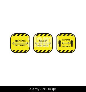 Quadratische Bodenmarkierung für soziale Distanzierung, Schild halten Sie sicheren Abstand. Quarantäne Corona Virus, covid-19 Warnung, menschliche Figur Symbole, gelbe Aufkleber Stock Vektor