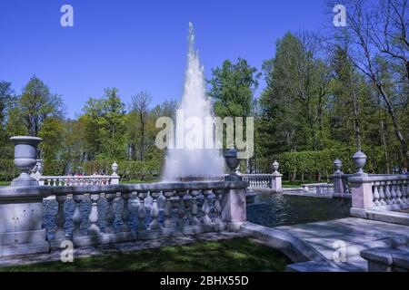 Römischer Brunnen im unteren Park von Peterhof.Skulptur, Alte Architektur des Peterhof-Schlosses in der UNESCO-Welterbeliste enthalten.Ausflug zum Peterhof Stockfoto