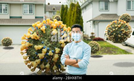 Mann trägt Maske auf der Straße von 3D Coronavirus-Molekülen überflutet - Schutz gegen das NCOV COVID-19 Influenza Virus - weltweite Pandemie Stockfoto