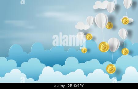 Papierkunst des Ballons mit Bitcoin Geld auf Business und Management-Konzept und Idee, blauer Himmel, Wolke, Vektor Stock Vektor