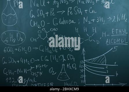 Mathematische Formeln auf dem Hintergrund des Schwarzen Brettes Stockfoto