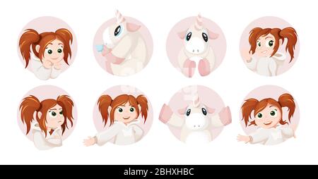 Set von Hand gezeichneten Cartoon Stil Elemente, Mädchen und Einhörner Sammlung Stock Vektor