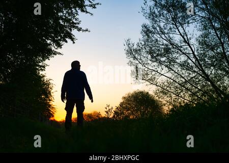 Mann, der bei Sonnenaufgang auf einem Wanderweg neben dem oxford Kanal entlang läuft. Oxfordshire, England. Silhouette Stockfoto