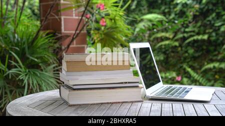 Gestapelt Bücher neben Computer-Laptop. Gartenblick. Online-Bildungskonzept. Stockfoto