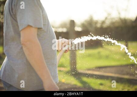 Senior Mann Bewässerung seinen riesigen Garten mit Schlauch im Frühjahr, Gartenbau-Konzept Stockfoto