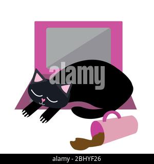 Nette Cartoon Haustier Katze und Laptop Vektor-Illustration. Sleepy schwarz Kitty Snoozes auf der Tastatur mit verschütteten Kaffee. Unterbrechung des Arbeitsablaufs in Geschäftsbüros Stock Vektor