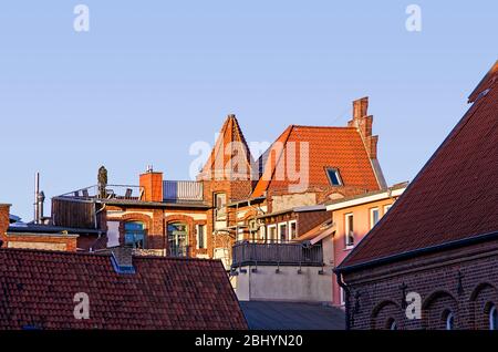 Grate und Dachflächen verschiedener urbaner Architekturen im Abendlicht, Hansestadt Stralsund, Mecklenburg-Vorpommern, Deutschland. Stockfoto