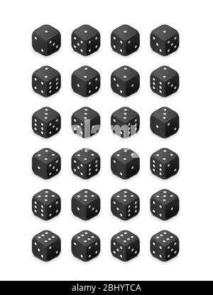 Schwarze klassische Spielwürfel isoliert auf weißem Hintergrund, alle möglichen 3d Würfel dreht sich für Casino in isometrischer Ansicht Stock Vektor