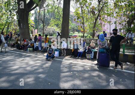 Prayagraj, Indien. April 2020. Gestrandete Studenten aus verschiedenen Distrikt von Uttar Pradesh standen in der Schlange, um an Bord von Bussen zu gehen, als die Regierung Uttar Pradesh Straßenbusse arrangierte, um Studenten in ihre Heimatstadt zu schicken, während die Regierung als vorbeugende Maßnahme gegen die COVID-19 in Prayagraj landesweite Blockierungen verhängte. (Foto von Prabhat Kumar Verma/Pacific Press) Quelle: Pacific Press Agency/Alamy Live News Stockfoto