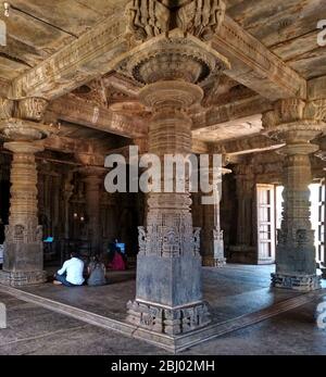 Komplizierte Schnitzerei auf Säulen des Aghoreshwara-Tempels Stockfoto