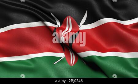 3D-Darstellung der Flagge Kenias, die im Wind winkt. Stockfoto