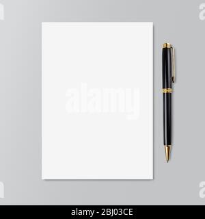 Realistische Copybook-Seite mit schwarzem und goldenem Stift. Modell. Papierhintergrund. Notizbuch und Tagebuch, Bildung, Organisator, Copybook Symbol Stock - Vector Stock Vektor