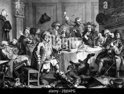 Ein Mitternachtsgespräch von Hogarth - in St John's Coffee House Temple Bar um 4 Uhr morgens - Parson Cornelius Ford zentraler Charakter (Johnsons unseriöse Cousine) - Tabakladen John? Ford's Freund - 1732-1733 Stockfoto