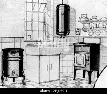 Werbung für Creda Appliances. Ein Creda Elektroherd, Wasserkocher und Wasserkocher für die Küche - zwischen den Kriegen Stockfoto