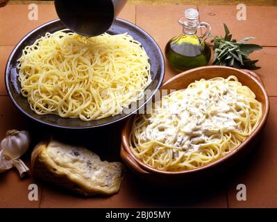 Italienische Küche - Links. - Spaghetti All'Aglio Ed Olio. - Spaghetti mit Knoblauch und Öl. - Richtig. - Spaghetti Al Gorgonzola. - Spaghetti Mit Gorgonzola. - Stockfoto